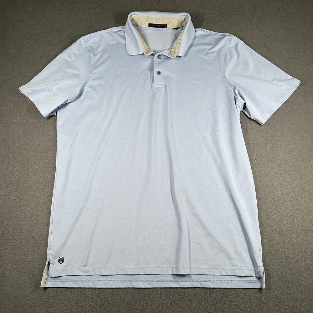 Greyson Polo Shirt Mens Large‎ Blue Solid Golf Stretch Performance Jersey Logo
